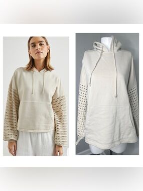 TIME & TRU CREAM Women's Hooded Sweatshirt with Crochet Sleeve Detail- NEW-XL